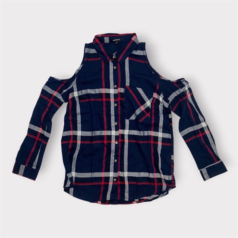 Ambiance Women’s Plaid Button Down Shirt Navy Cold Shoulder Size Small